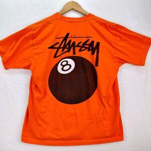 Stussy 8 Ball Shirt Mens L Orange Double Sided Graphic Print Tee Made in USA
